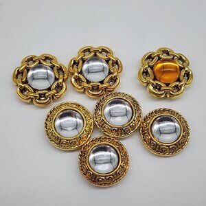 Vintage 1980s Gold Tone Metal & Plastic Button Covers Clear Orange Cabochon Bead